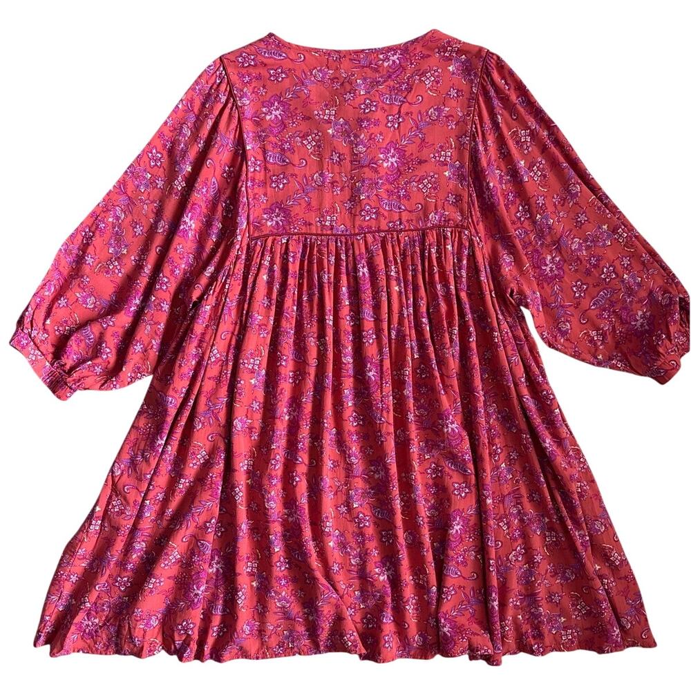 Natural Life Rose Tie Neck Babydoll Mini Dress Rust Purple Florals Size Large - Picture 10 of 10